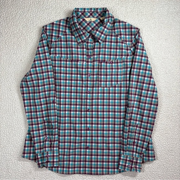 Ascend Long Sleeve Button Down Shirt Women’s Large  Maroon/Cream/Teal Plaid EUC - Picture 1 of 11